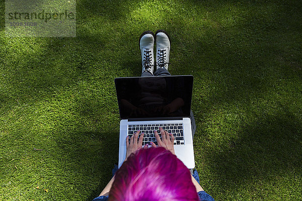 Junge Frau mit gefärbtem Haar sitzend auf einer Wiese mit Laptop  Draufsicht