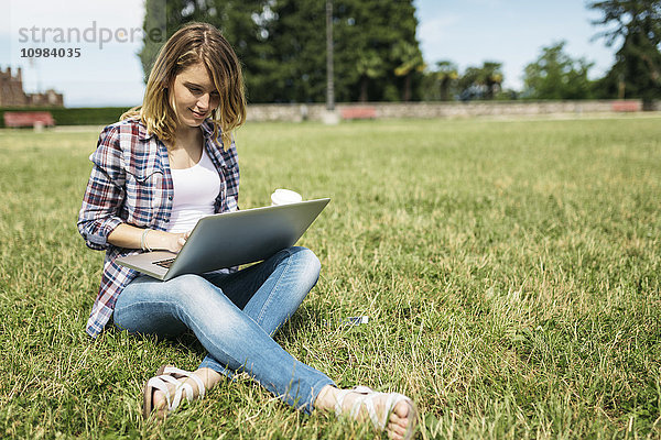 Junge Frau sitzend auf einer Wiese mit Laptop