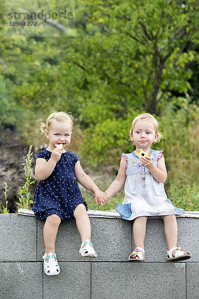 Porträt von zwei kleinen Schwestern  die Hand in Hand auf einer Wand sitzen und Gebäck essen.