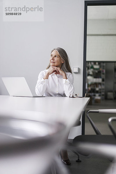 Senior Geschäftsfrau sitzt am Konferenztisch mit Laptop