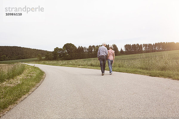 Seniorenpaar zu Fuß auf der Landstraße