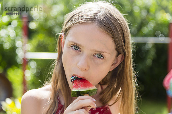 Porträt eines Mädchens  das eisgekühlte Wassermelone isst.