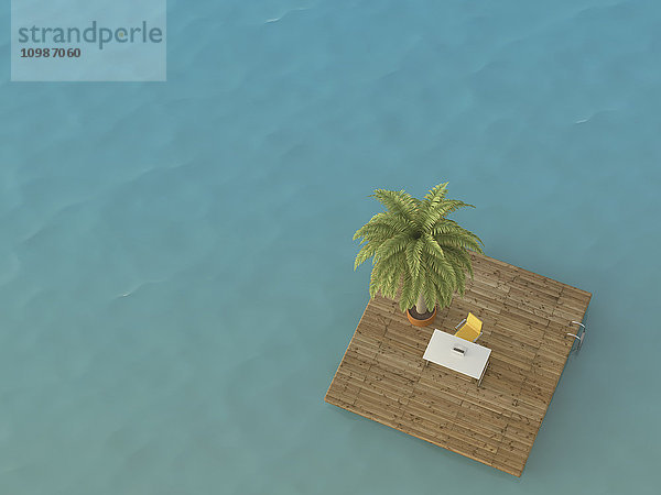 Schreibtisch mit Laptop auf Plattform im Meer  3D Rendering