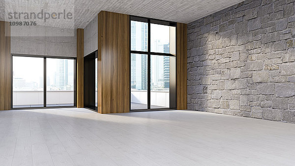 Leerer Raum mit Holzboden  Naturstein und Betonwand  3D-Rendering