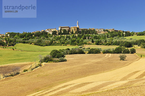 Weizenfeld im Sommer mit einer historischen Stadt von Pienza  Provinz Siena  Toskana  Italien
