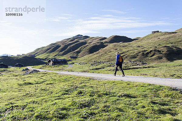 Österreich  Salzburger Land  Weissbach  Ältere Frau wandert an einem sonnigen Tag in einer Berglandschaft