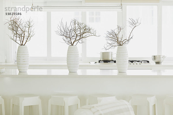 Moderner weißer Esstisch mit weißen Vasen und Zweigen