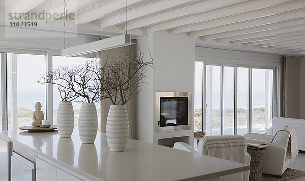 Moderne weiße Vasen mit Zweigen auf Kücheninsel in Strandhaus