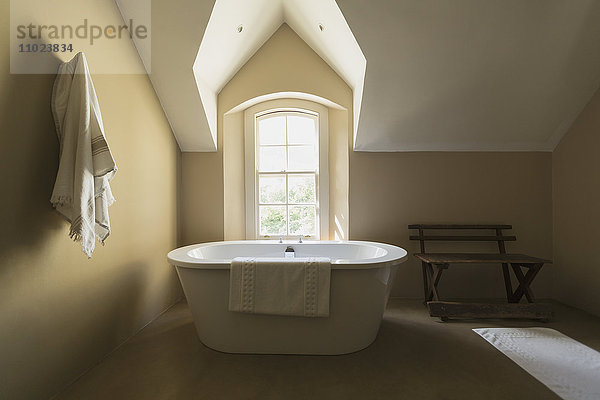 Vitrine mit Badewanne an sonnigem Gewölbefenster