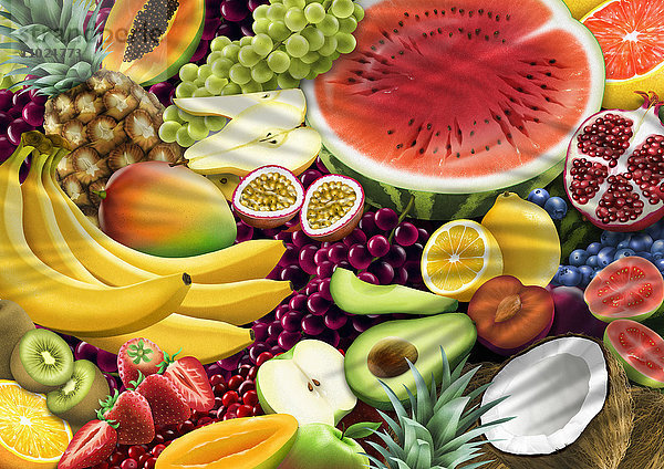 Formatfüllendes Muster vieler verschiedener bunter Früchte