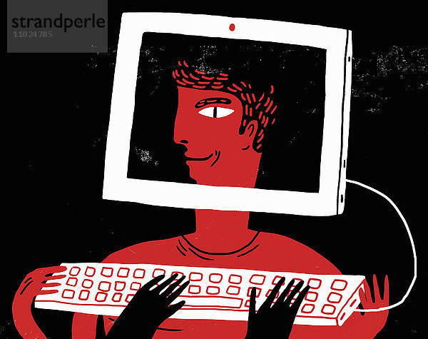 Lächelndes Gesicht eines Hackers im Computer während eine Person auf der Tastatur tippt