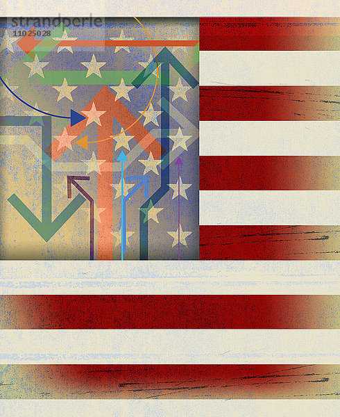 Pfeile zeigen in verschiedene Richtungen über amerikanischer Flagge