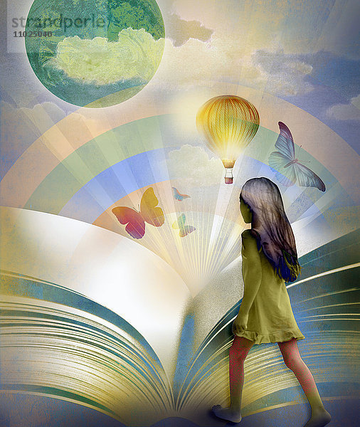 Junges Mädchen betritt eine bunte Welt in einem großen Buch
