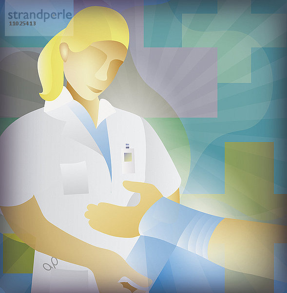 Krankenschwester bandagiert das verletzte Handgelenk eines Patienten
