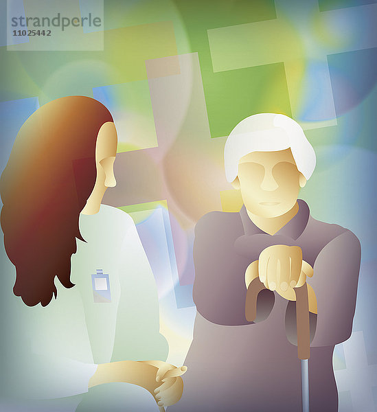 Krankenschwester spricht mit sitzender alter Frau mit Gehstock