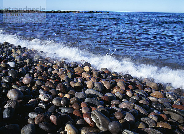 Wellen treffen auf einen Steinstrand.