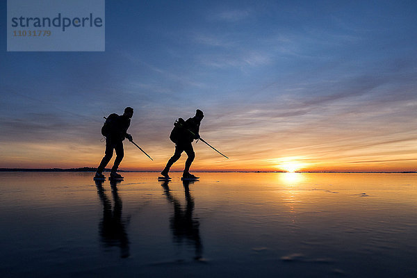 Menschen beim Schlittschuhlaufen bei Sonnenuntergang  Vanern  Schweden