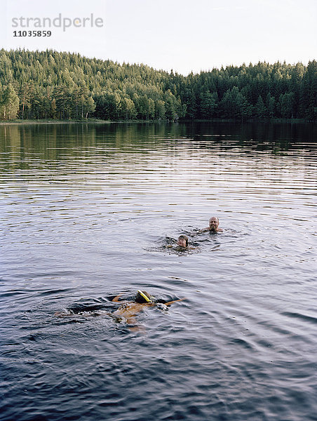 Vater und Kinder schwimmen in einem See  Schweden.