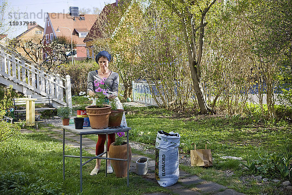 Frau pflanzt in Töpfen  Schweden.