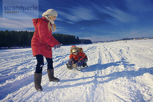 Mutter und Söhne beim Schlittenfahren auf einem verschneiten  abgelegenen Feld