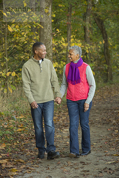 Älteres Paar hält sich an den Händen und geht im Wald spazieren