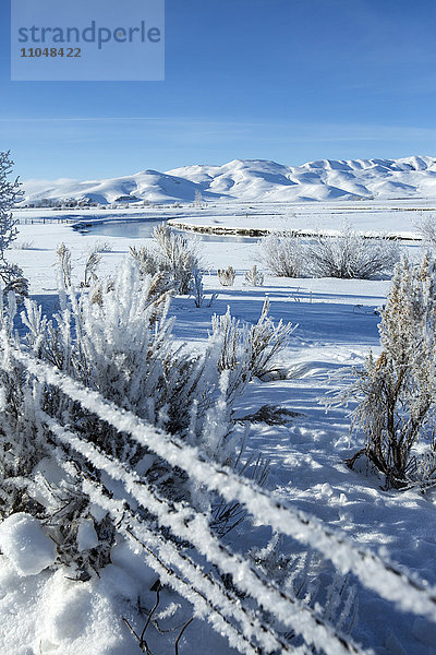 Frostiger Zaun und Fluss in verschneiter ländlicher Landschaft