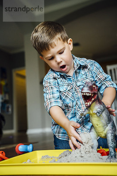 Kaukasischer Junge spielt mit Spielzeugdinosaurier