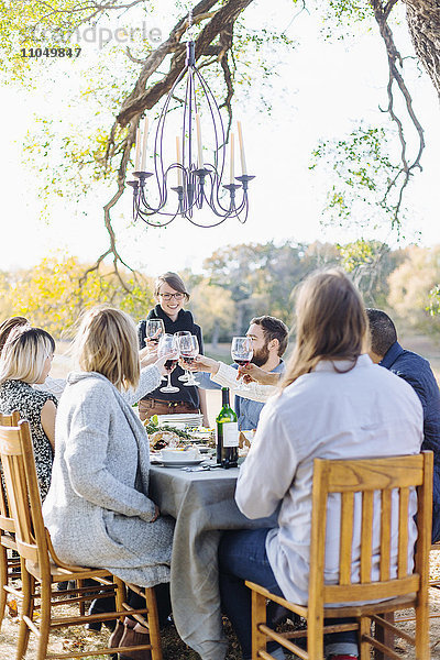 Freunde stoßen am Tisch im Freien mit Wein an