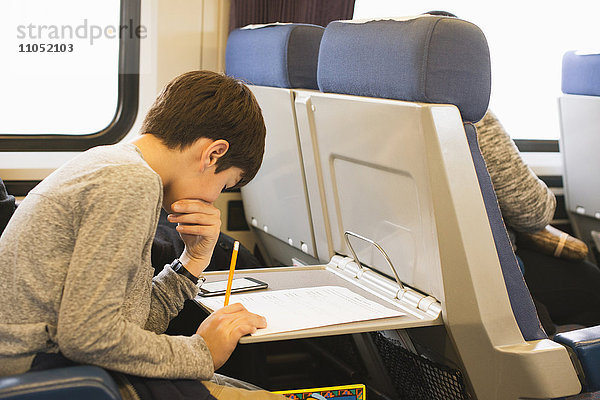 Gemischtrassiger Junge macht Hausaufgaben im Zug