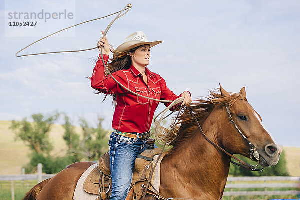 Kaukasisches Cowgirl wirft Lasso auf dem Pferderücken