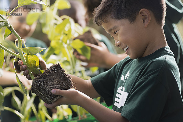 Kinder in einer Gruppe  die etwas über Pflanzen und Blumen lernen  in einem Afterschool-Club oder Sommercamp.