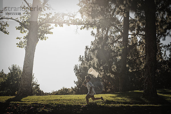 Ein Junge  der mit einem Schmetterlingsnetz über Gras läuft.