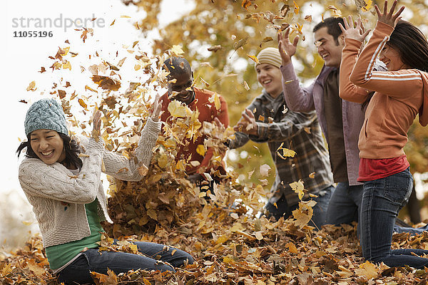 Eine Gruppe von Männern und Frauen wirft herabgefallene Herbstblätter in die Luft