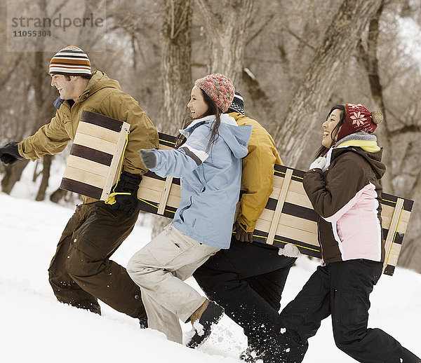 Vier junge Leute tragen einen Holzschlitten über den Schnee.