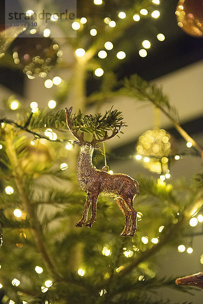 Weihnachtsschmuck. Ein traditioneller echter Weihnachtsbaum  geschmückt mit Lichtern.