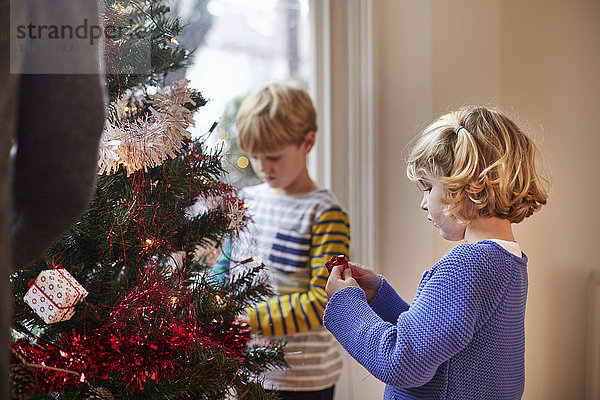 Zwei Kinder schmücken einen Weihnachtsbaum in einem Familienhaus.