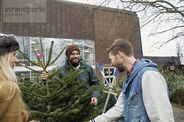 Zwei Mitarbeiter und eine Kundin schauen auf einen großen Weihnachtsbaum.