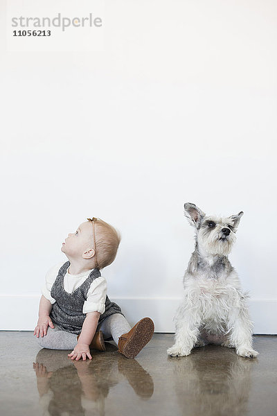 Ein junges Mädchen und ein kleiner Hund sitzen nebeneinander auf dem Boden.