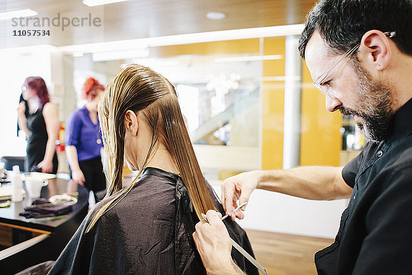Eine Friseurin mit einer Kundin  die ihr langes  glattes Haar schneidet.