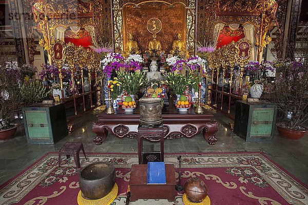 Buddhastatue mit Altar in der Chua Vinh Pagode  Ho Chi Minh Stadt  Saigon  Vietnam  Asien