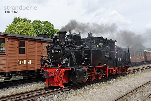 Dampflokomotive  Rügensche Kleinbahn Rasender Roland  Schmalspurbahn  am Bahnhof in Putbus  Insel Rügen  Mecklenburg-Vorpommern  Deutschland  Europa