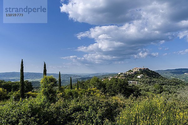 Typische Toskana-Landschaft mit Hügeln und Zypressen  dahinter eine Stadt auf einem Hügel  Montegiovi  Toskana  Italien  Europa