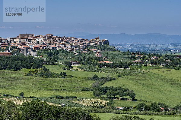 Ansicht einer Stadt  umgeben von Bauernhöfen und Feldern  Chianchiano Therme  Toskana  Italien  Europa