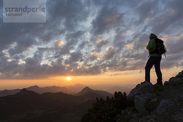 Wanderer schaut in die Ferne  Sonnenaufgang am Krottenkopf  Estergebirge  Garmisch-Partenkirchen  Bayern  Deutschland  Europa