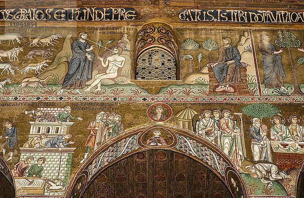 Byzantinisches Mosaik Altes Testament  Gott erschafft Adam  Turmbau zu Babel  Cappella Palatina  Palastkapelle des Palazzo Reale auch Palazzo dei Normanni oder Normannenpalast  Palermo  Sizilien  Italien  Europa