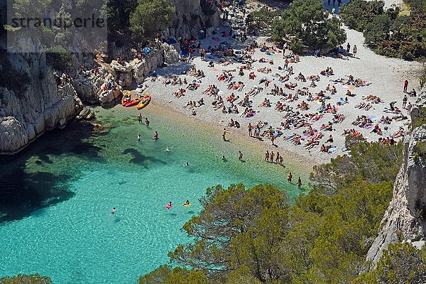 Touristen am Strand mit türkisblauem Wasser  Calanque d'en Vau  Nationalpark Calanques  Provence  Frankreich  Europa