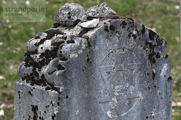 Besuchersteine auf einem alten jüdischen Grabstein mit Judenstern  Ermreuth  Oberfranken  Bayern  Deutschland  Europa