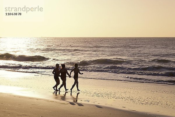 Drei Frauen laufen am Strand ins Wasser bei Gegenlicht  Caloundra  Queensland  Australien  Ozeanien