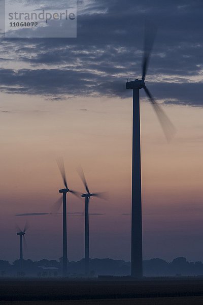 Windkrafträder bei Dämmerung  Dithmarschen  Schleswig-Holstein  Deutschland  Europa