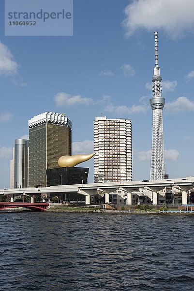 Tokyo Skytree und Zentrale der Brauerei Asahi  Asahi-Flamme  Flamme d'Or  Skulptur  Bezirk Sumida  Tokio  Japan  Asien